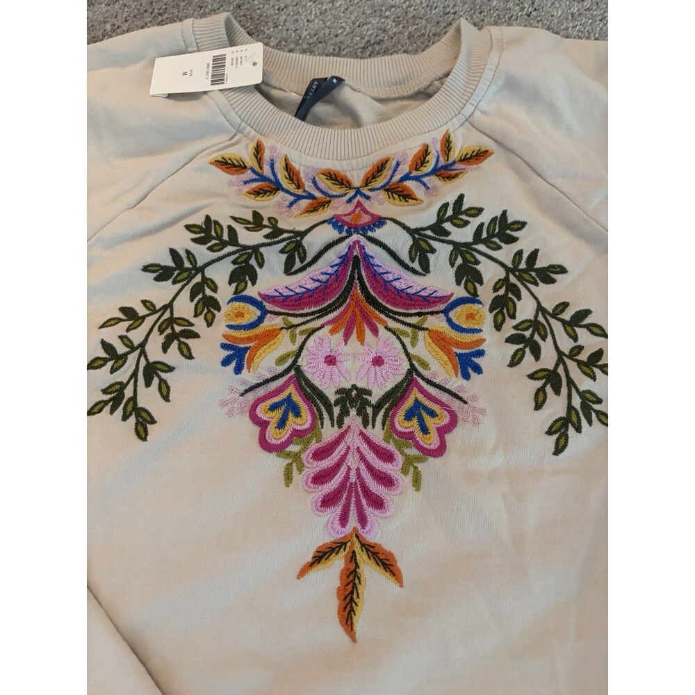 Anthropologie Floral Embroidered Boho Cotton Short Sweatshirt Top Beige M NWT - Picture 2 of 3